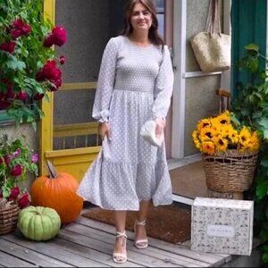 Mad About Style Jilly Box Fall. L Grace Midi Dress in Birch Dot. Jillian Harris